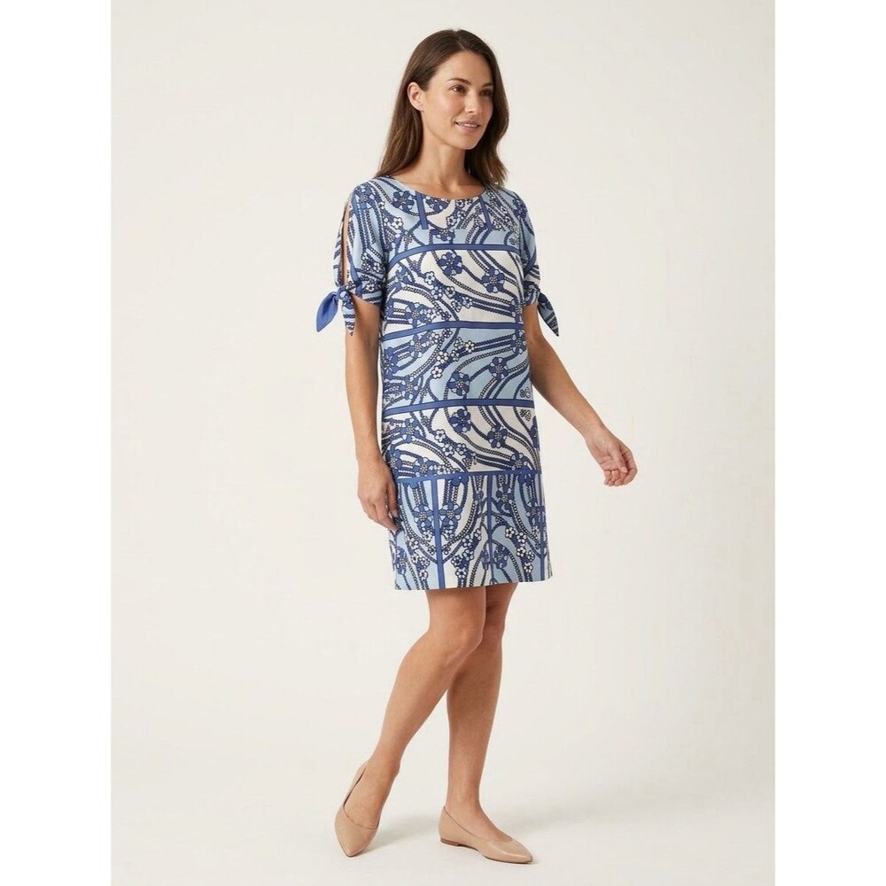 Walter Voulaz Italy 100% Silk Dress IT 44 US 8 Blue Floral Tie Sleeve Retro Mod